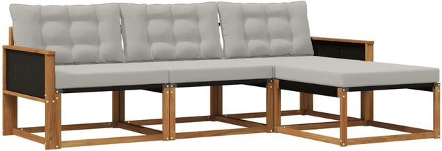 vidaXL Outdoor-Sofagarnitur L-Form aus Akazienholz mit Textilene-Elementen und Kissen in Beige und Grau - Bild 1