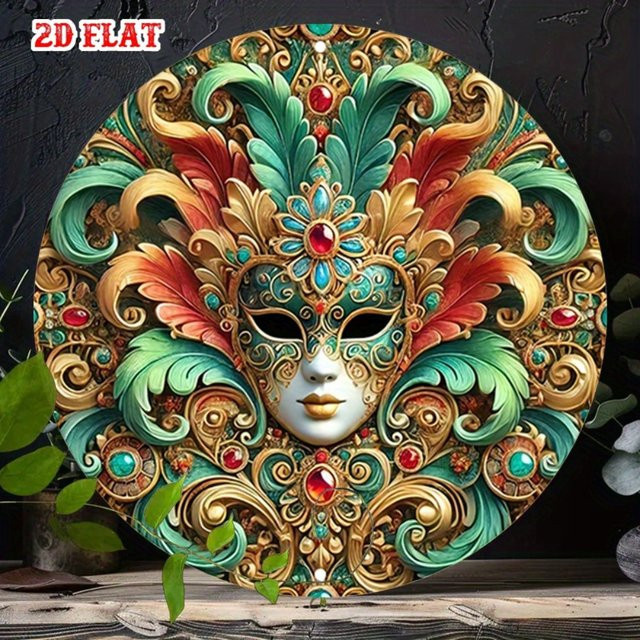 Venezianische Maske Wandkunst aus Metall von CIFBUY, runde Wanddekoration im rustikalen Design mit Federverzierungen, Mehrfarbig, Durchmesser: 20 cm - Bild 1