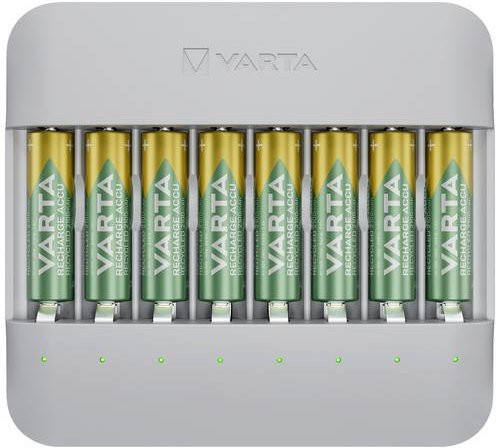 Varta Eco Charger Multi Recycled Ladegerät mit 8 AA NiMH Akkus 2100mAh in Grau und Grün via USB-C - Bild 1