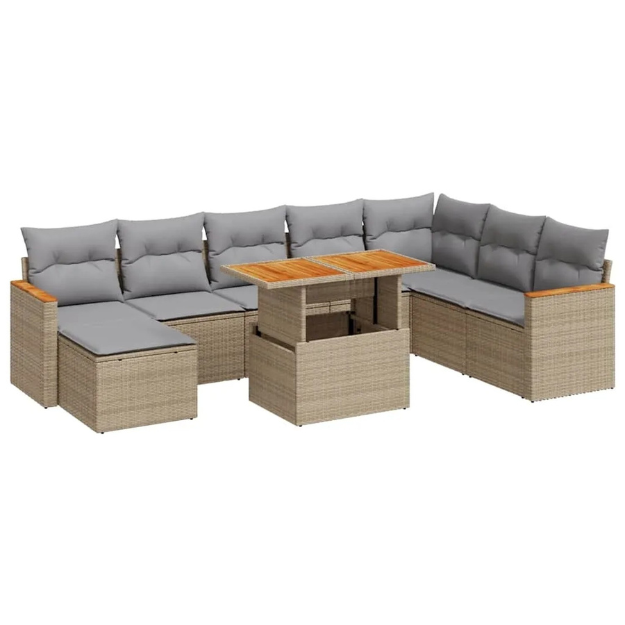 vidaXL 9-teilige Garten-Sofagarnitur aus Poly-Rattan und Akazienholz in Beige-Grau mit Kissen - Bild 2