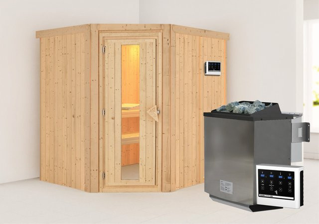 Karibu Sauna-Set Swenna Bio-Sauna aus Fichte und Espe in Braun mit 9 kW BioKombiofen, externer Steuerung und Energiespartür, B/T/H: 196 x 170 x 198 cm - Bild 1