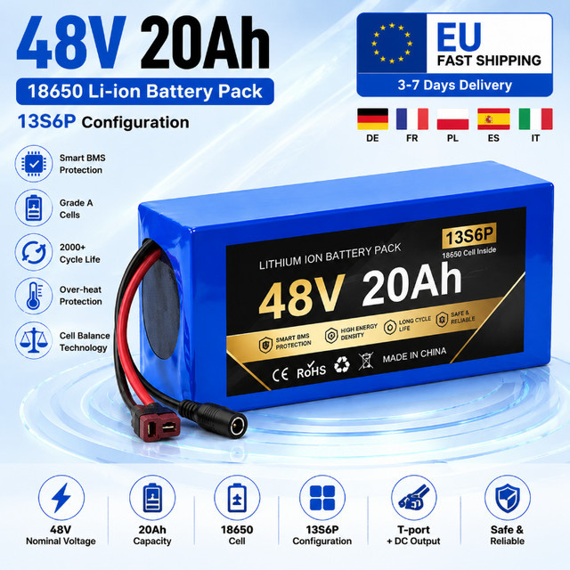 48V 20Ah Lithium-Ionen-Akku 13S6P mit 18650 Zellen und Smart BMS für E-Bike und E-Roller, Farbe: Blau, Anschlüsse: XT60 und JST - Bild 1