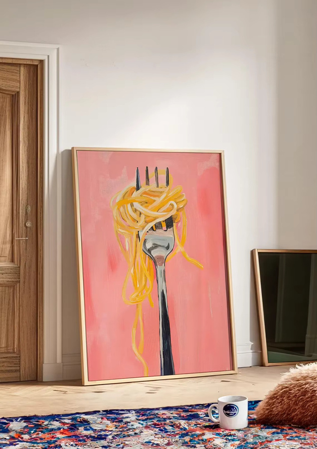 Vertikales Poster Kunstdruck Spaghetti-Nudelgabel in Rosa Matt von SHENCHEN als moderne Wanddekoration für deine Küche - Bild 3
