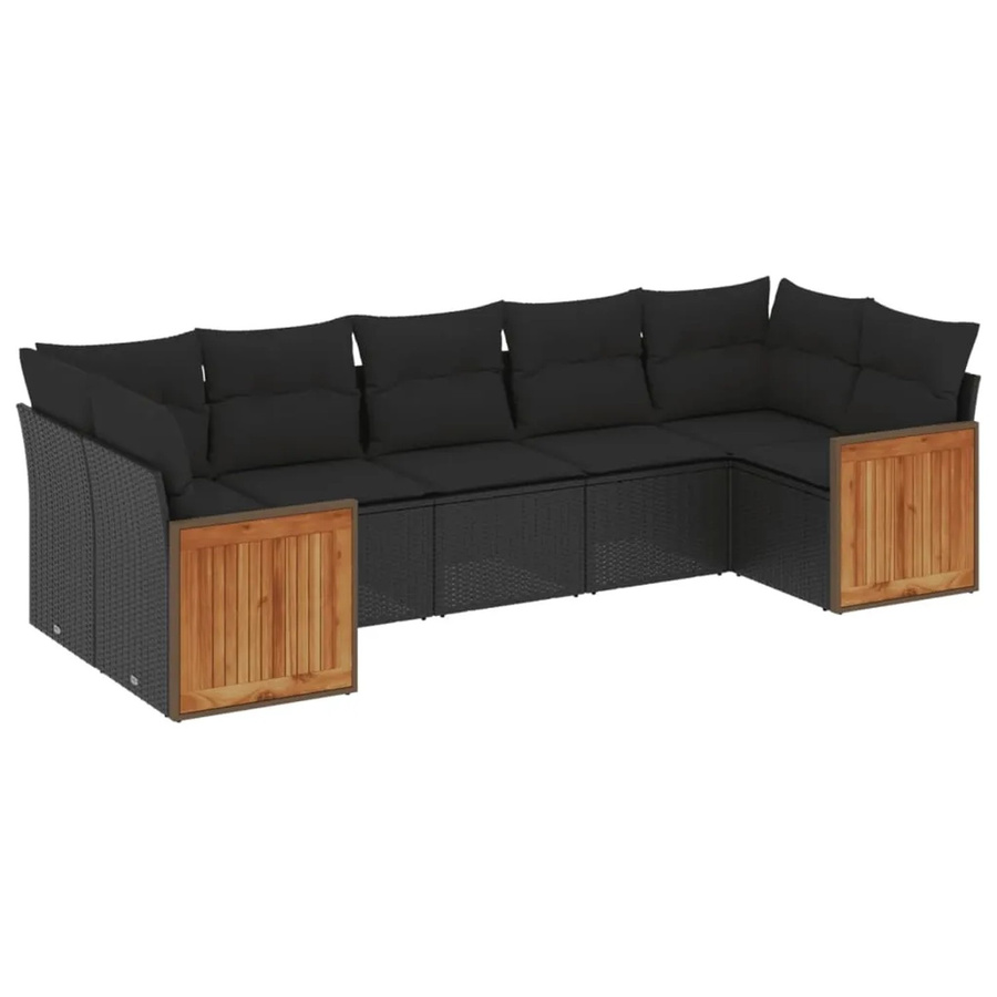 vidaXL 7-teilige Garten-Sofagarnitur in L-Form aus schwarzem Poly-Rattan mit Kissen und Akazienholz - Bild 2