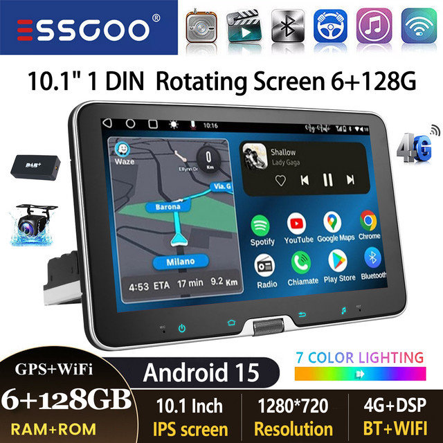 ESSGOO Universal Autoradio mit Android 15, 10.1 Zoll drehbarem Bildschirm, 8 Kern, 6+128GB, 4G, kabelloses CarPlay und Android Auto, GPS, Bluetooth, WiFi, Schwarz - Bild 1