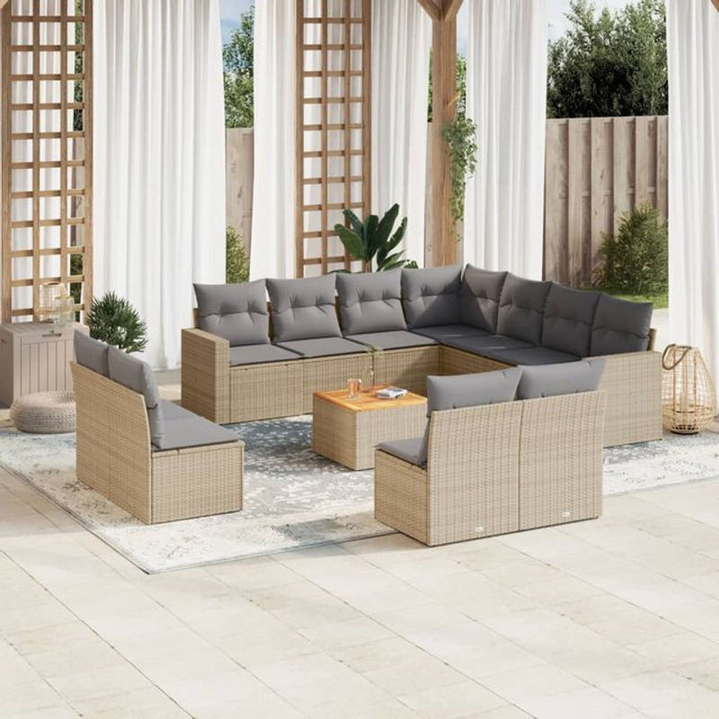Vidaxl Gartenmöbel-Set aus Rattan und Holz mit 12-teiligem Kissen-Set in Beige - Bild 1