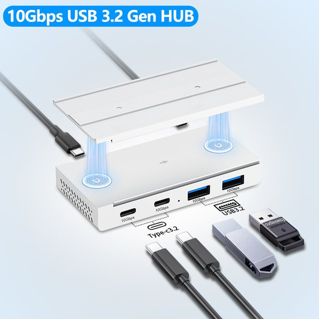 YUCUN USB 3.2 Gen2 Hub mit 10 Gbit/s Hochgeschwindigkeits-Datenübertragung, magnetischer USB-Splitter für MacBook Pro, iMac Pro, PC und Laptops, Farbe: Silber - Bild 1
