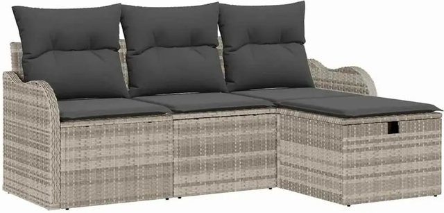 vidaXL Garten-Sofa-Set aus Polyrattan in Grau, 4-teiliges L-Shape Lounge-Set mit Ottomane und Kissen für Terrasse und Garten - Bild 1