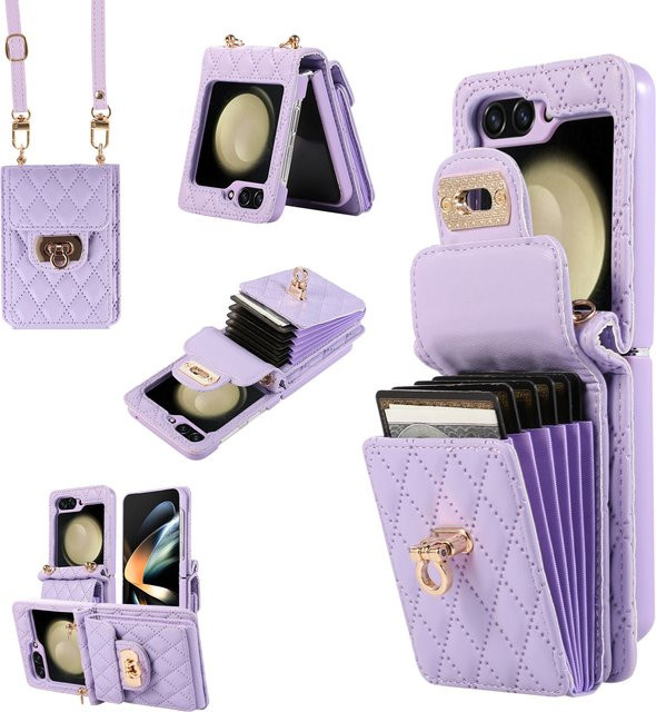 Samsung Crossbody Multi-Lanyard-Hülle für Galaxy Z Flip 5G mit Kartenfach und Leder-Brieftasche in Gold und Purple - Bild 1