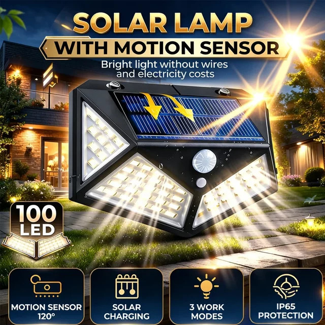 Heinast Solar-Wandleuchten mit 100 LED und Bewegungsmelder, wasserdichte Sicherheitsleuchte für Garten und Terrasse, Schwarz - Bild 1