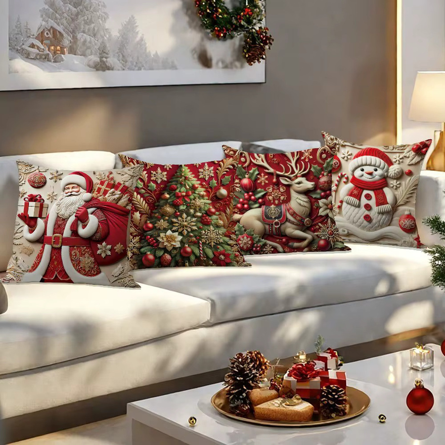 DUTRIEUX 4er-Set Weihnachtskissenbezüge mit Motivdruck Weihnachtsmann, Rentier, Schneemann und Baum, mehrfarbig, B/T/H: 45 x 45 x 0 cm - Bild 5