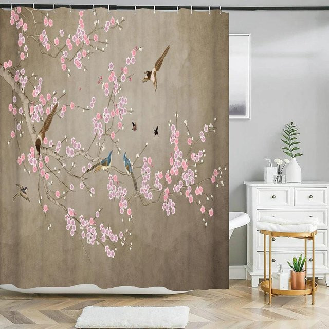 Wasserdichter Duschvorhang im chinesischen Stil mit Blumen und Vögeln von Household supplies MH, B/H: 120 x 180 cm, Multicolour - Bild 1