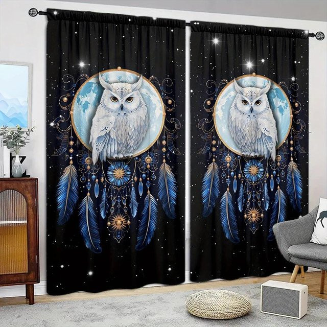 2er-Set Eulen-Druckvorhang aus Polyester, halbtransparent, Mehrfarbig, B: 107 cm, H: 160 cm - Bild 1