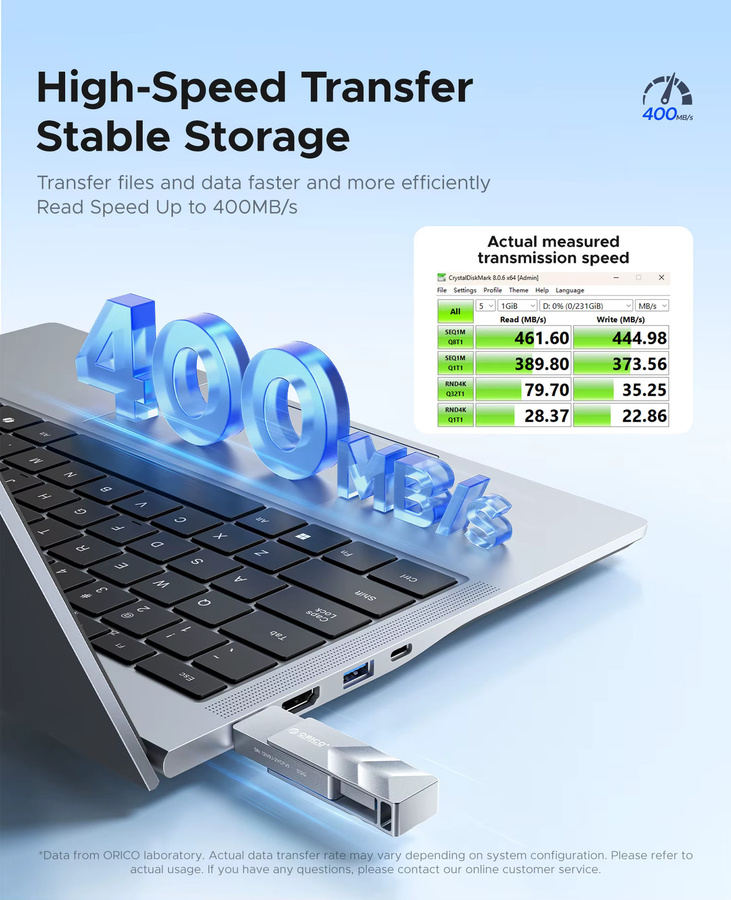 ORICO Dual USB-Stick TLC Flash mit USB-C und USB-A Anschluss in Silber für iPhone 15/16/17 Serie mit bis zu 400MB/s Lesegeschwindigkeit - Bild 2