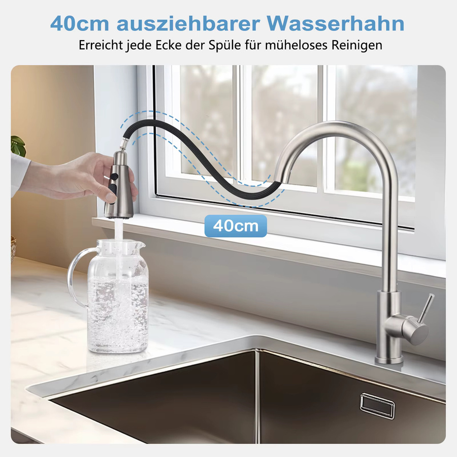 Oraymin Edelstahl-Küchenarmatur in Silber mit Ausziehbrause, 3 Sprühmodi und 360° schwenkbarem Hochbogen-Mischhahn - Bild 4