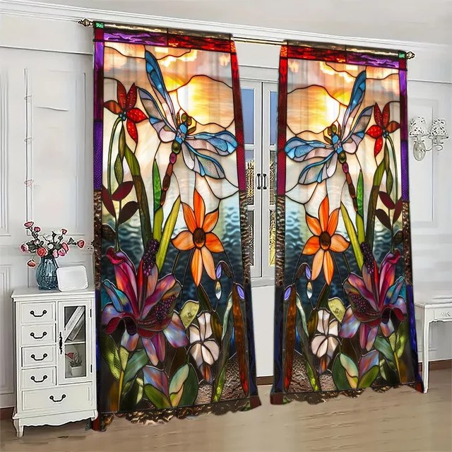 2er-Set VOZMIO Buntglas-Vorhänge mit Libellen-Motiv in Multicolour, transparente Stoffpaneele im Art Nouveau Design - Bild 1