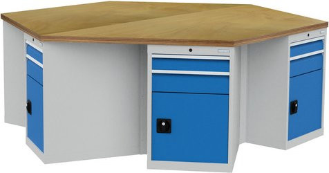 Bedrunka + Hirth 6-Eck-Werkbank aus Stahlblech in Grau, B: 250 cm, H: 85,9 cm, T: 216,5 cm - Bild 1