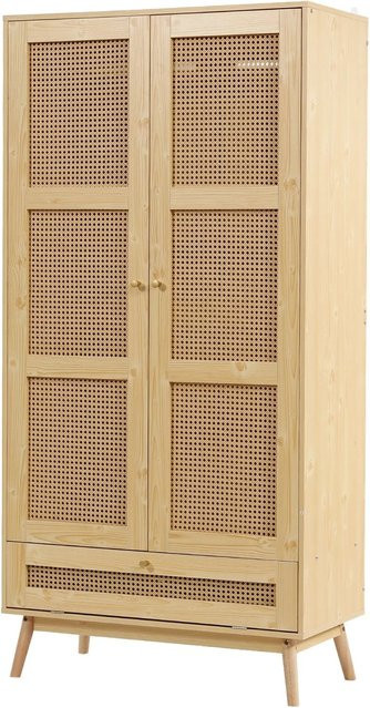 okwish Kleiderschrank mit Rattan Türen und Kleiderstange im Boho Design, Farbe Natur/Beige/Braun, B/T/H: 90 x 45 x 183 cm - Bild 1