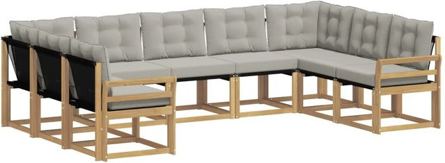 vidaXL Outdoor-Sofagarnitur in L-Form aus Akazienholz und Textilene mit Kissen, Weiß-Hellgrau - Bild 1