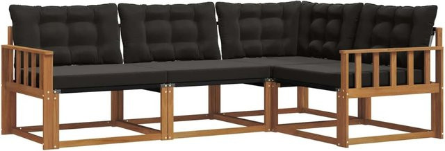 vidaXL Sofa Set 4-teilig L-Form aus Akazienholz und Textilene in Natur und Schwarz mit Kissen - Bild 1