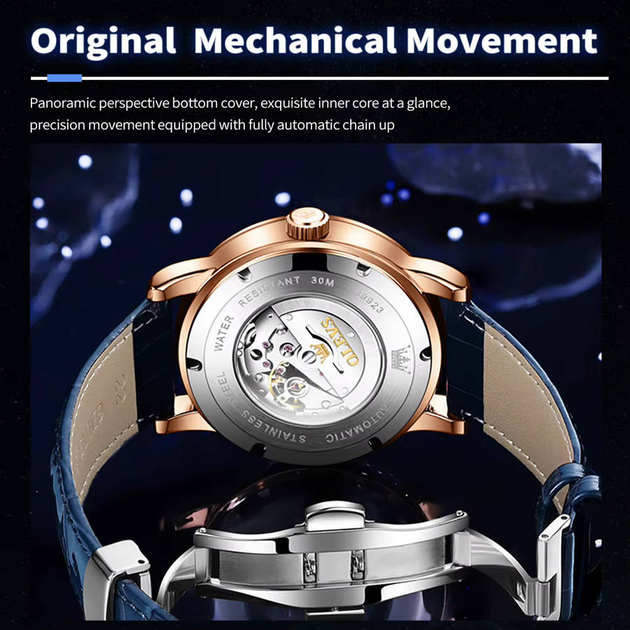 OLEVS Armbanduhr Automatik, Edelstahl, Leder, Blau, Mondphase, Kompass, Herren - Bild 4