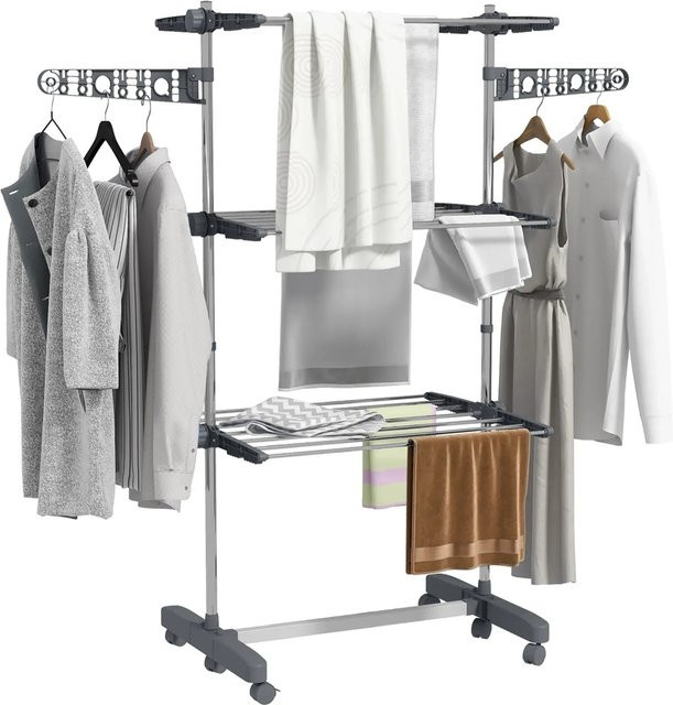 HOMCOM Mobiler Wäschetrockner mit 3 Ebenen, klappbar und mit Rollen, Grau, B/T/H: 142 x 55 x 152 cm - Bild 1