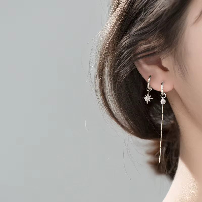 ANENJERY Creolen, Silber Farbe, Stern Quaste, Asymmetrisch, Damen - Bild 1