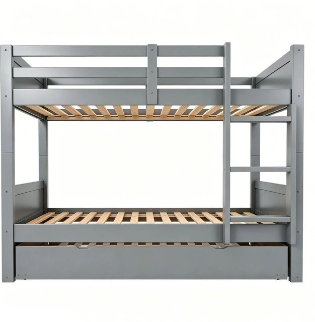 Merax Etagenbett für Kinder aus Kiefernholz und MDF mit Ausziehbett und Sicherheitsgitter, Grau/Weiß, B/T/H: 200 x 90 x 139,1 cm - Bild 1