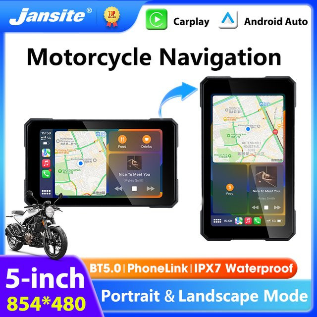 Jansite 5-Zoll Motorrad-Bildschirm mit kabellosem CarPlay und Android Auto, tragbares digitales Armaturenbrett mit GPS-Navigation, Schwarz - Bild 1