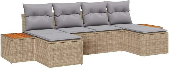 vidaXL Garten-Sofa-Set 6-teilig aus Poly-Rattan und Metall in Beige mit Kissen und Ottomane - Bild 1