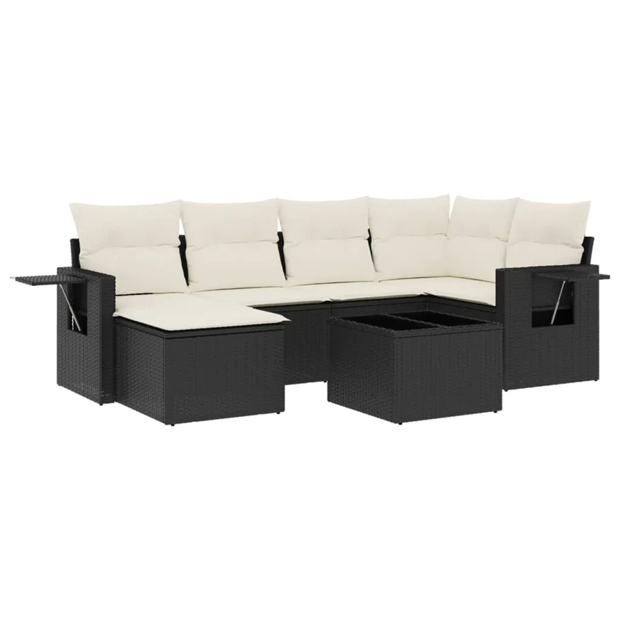 vidaXL 7-teilige Garten-Sofagarnitur in L-Form mit Kissen und Ottoman, Schwarz, Poly-Rattan mit Metallgestell - Bild 2