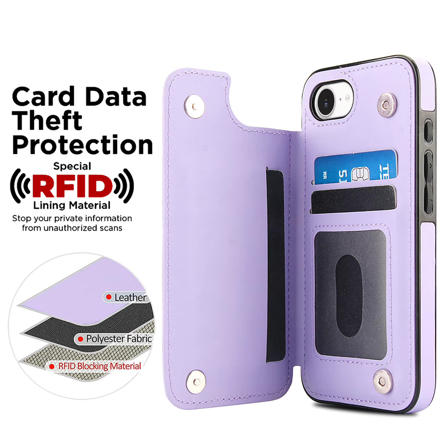Leder-Brieftaschen-Hülle für iPhone 17e mit Doppelknopf, Kartenfach, RFID-Blockierung und Magnet-Flip in Gold oder Purple - Bild 2