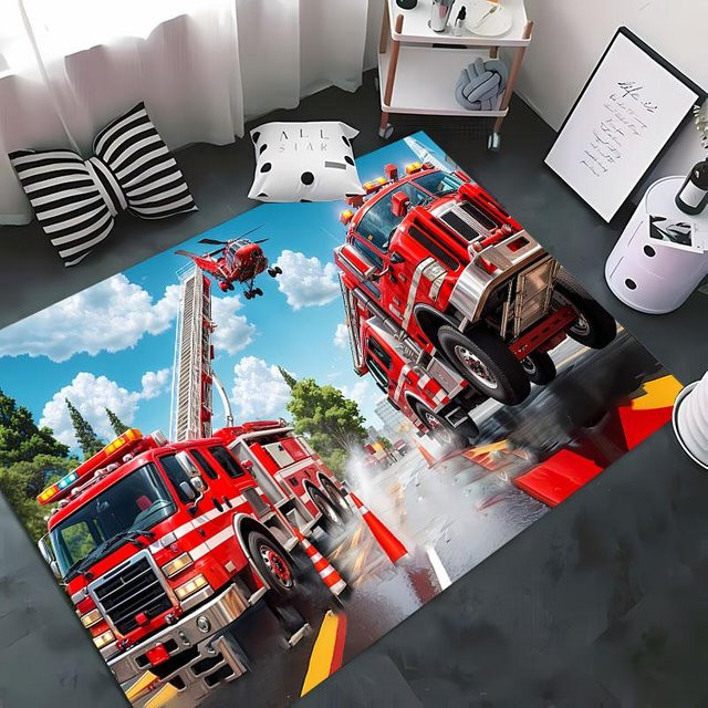 AISILK MOON Feuerwehr-Teppich für Kinderzimmer, rutschfester und waschbarer 3D-Design Teppich aus Polyester, Mehrfarbig, B/T: 60 x 40 cm - Bild 1