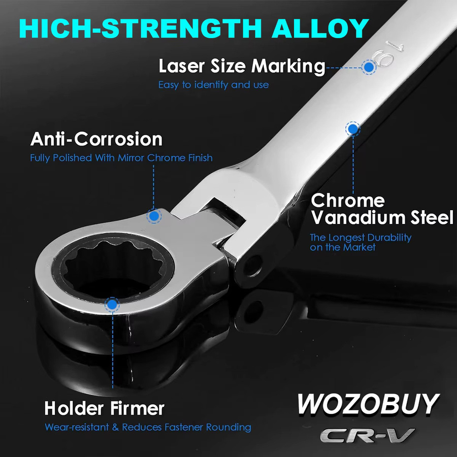 WOZOBUY Doppel-Kastenringschlüsselsatz mit extra langem Flexkopf aus Chrom-Vanadium-Stahl, metrisch 8-19mm, Silber - Bild 4