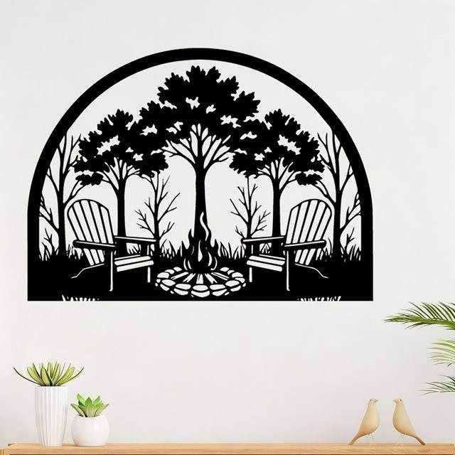 CIFBUY Metall-Wandkunst mit Lagerfeuerstuhl-Motiv in Schwarz als rustikale Außendekoration für Garten und Terrasse - Bild 1