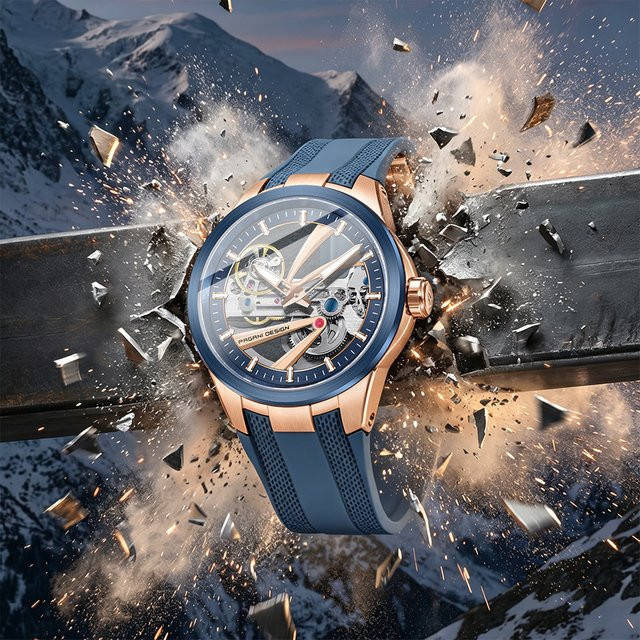 Pagani Design Armbanduhr, Automatik, Skelett, Edelstahl, Silikon, Blau, Herren - Bild 1