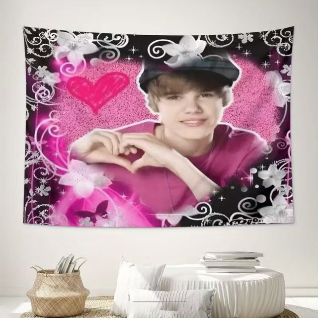 ZLIENSZUS Wandteppich Justin Bieber mit rosa Herz- und Stern-Design, Textil-Wandbehang für Schlafzimmer und Schlafsaal, Breite: 60 cm, Höhe: 40 cm - Bild 1