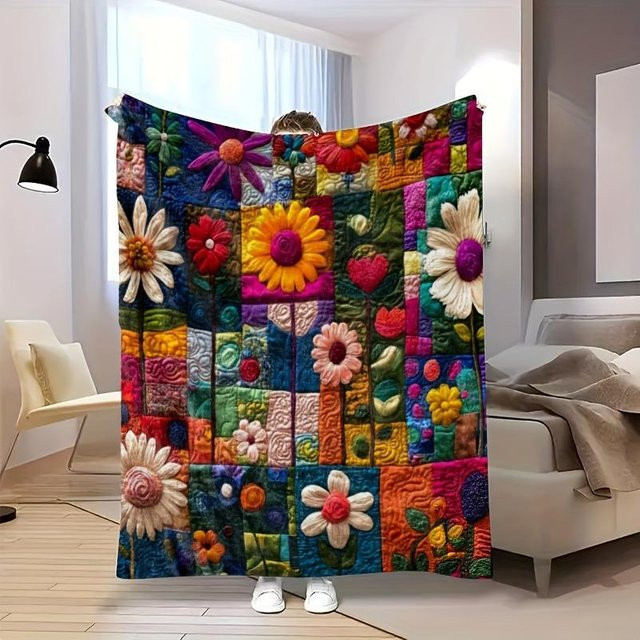 JMG Household Supplies Böhmische Blumen-Steppdecke aus Flanell, Mehrfarbig, B/B: 150 x 200 cm - Bild 1