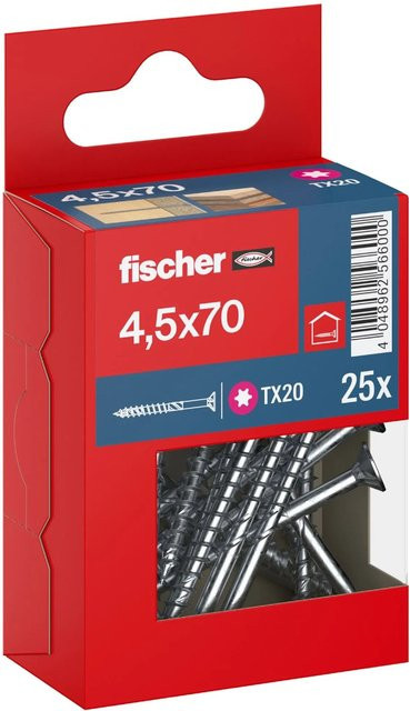 Fischer PowerFast II Senkkopf Teilgewinde Schraube aus Stahl, Torx, Farbe: Silber/Blau, Durchmesser: 4,5 mm, Länge: 70 mm, 25 Stück - Bild 1