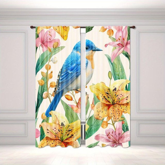 Yiran Furniture Lichtfilternde Vorhangpaneele mit Kolibri- und Blumendruck, 2-teilig, dekorative Polyester-Vorhänge in Multicolour, B: 100 cm, H: 130 cm - Bild 1