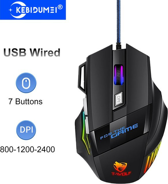 KEBIDUMEI RGB Gaming-Maus mit 7 Tasten, ergonomische USB-Maus mit Kabel in Schwarz für PC, Laptop, Windows und Mac OS - Bild 1
