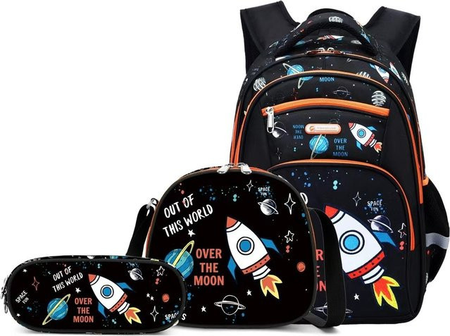IGETBAG Schulrucksack für Teenager mit Brotdose und Federmäppchen, Design Dinosaurier und Anime, Schwarz - Bild 1