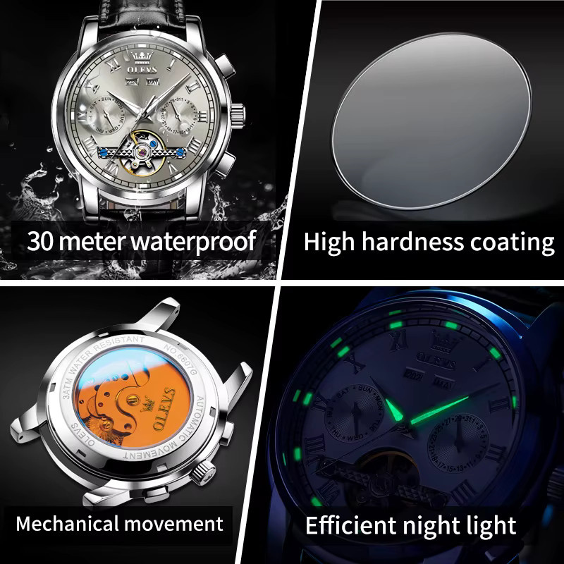 OLEVS Armbanduhr Automatik, Edelstahl, Blau, Leder, Herren - Bild 3