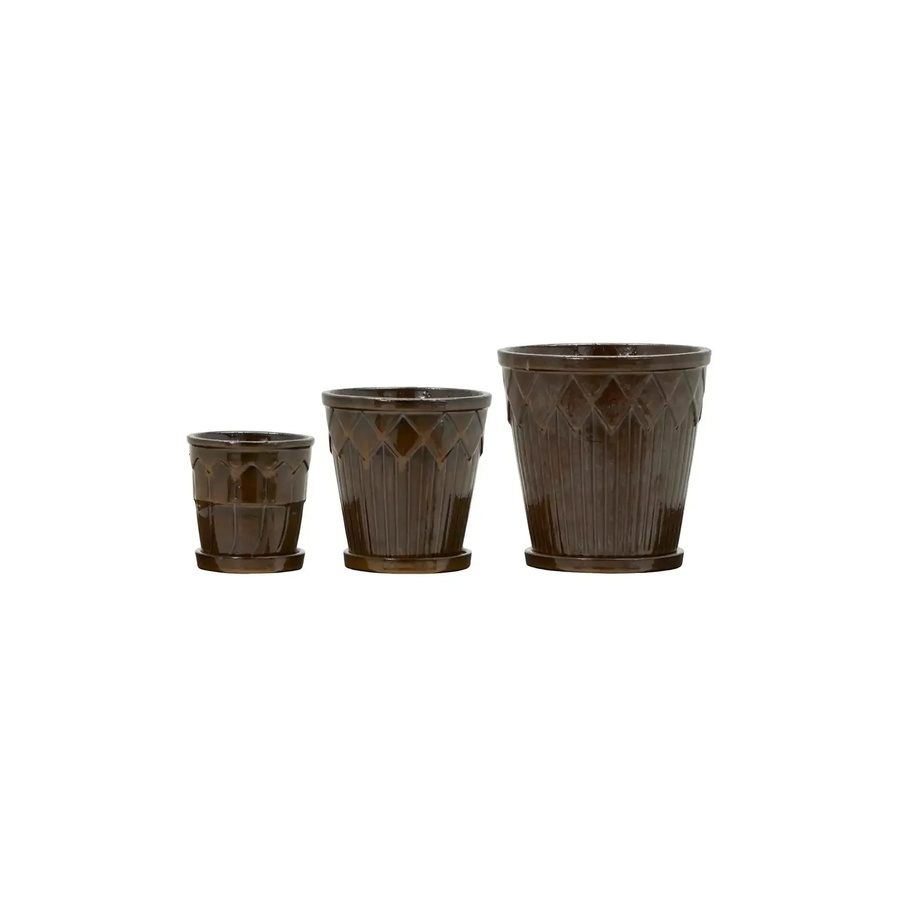 House Doctor Blumentopf Cora Set aus 3 Stück braun mit geometrischem Relief aus Steingut - Bild 1