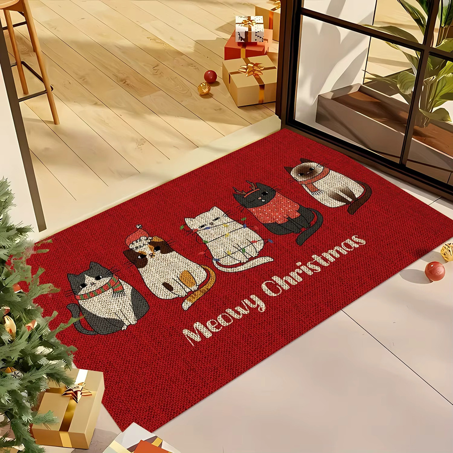 VIKAMA Weihnachtsteppich mit Cartoon-Katze in Rot, weicher Plüschteppich, rutschfest und saugfähig für Eingang, Küche oder Badezimmer - Bild 4