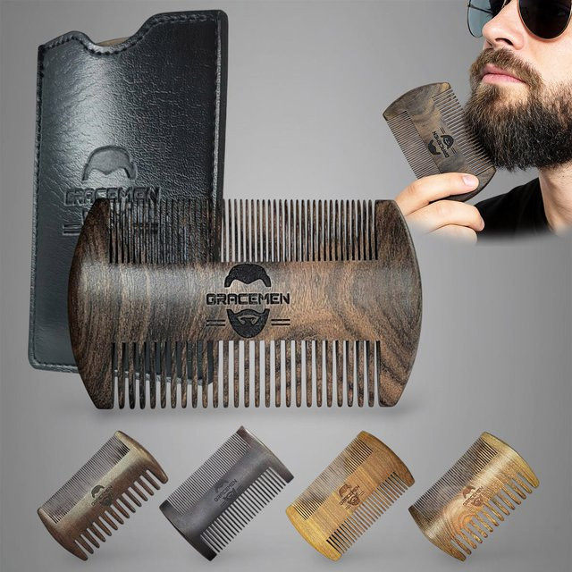Gracemen Holz-Bartkamm, doppelseitig, mit PU-Ledertasche, Herren - Bild 1