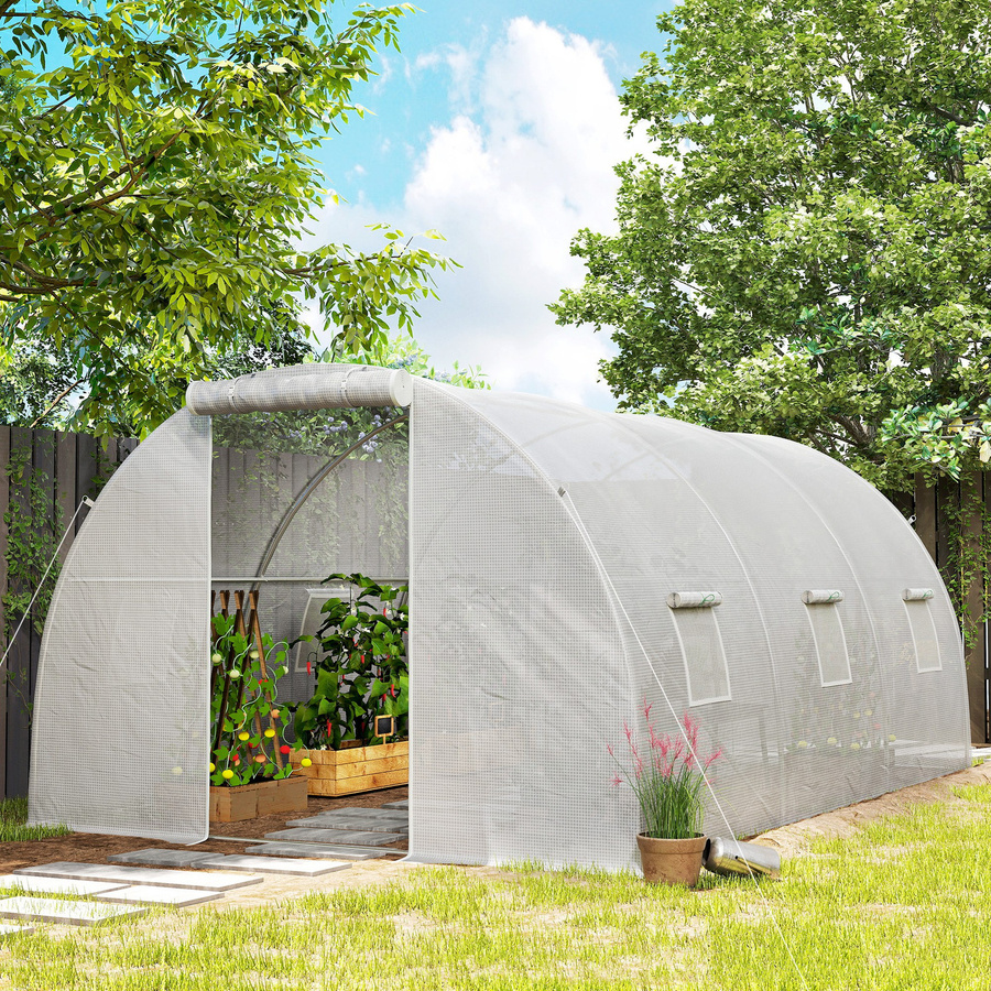Outsunny Tunnel-Gewächshaus mit 13,5 m² Anbaufläche, 6 Fenstern und aufrollbarer Reißverschlusstür, verzinkter Stahlrahmen und weiße PE-Plane, B/T/H: 4,5 x 3 x 2 m - Bild 2