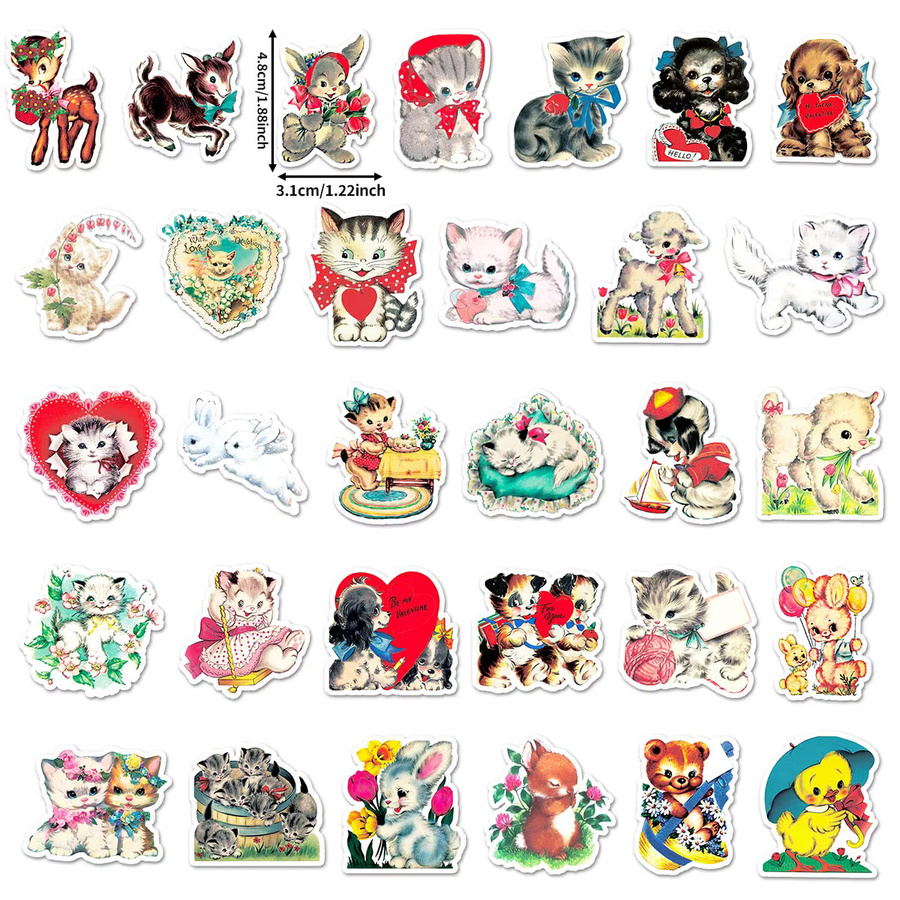 66 Stück Retro-Aufkleber mit niedlichen Haustieren in Multicolour für Scrapbooking und Sammelalben - Bild 2