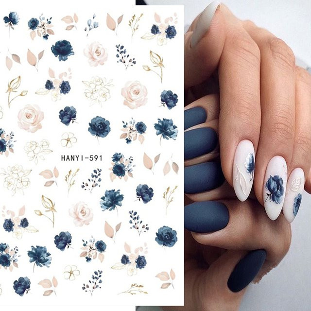 AuuuGBeau 3D Nail Art Aufkleber, weiße und königsblaue Rosen, Matt - Bild 1
