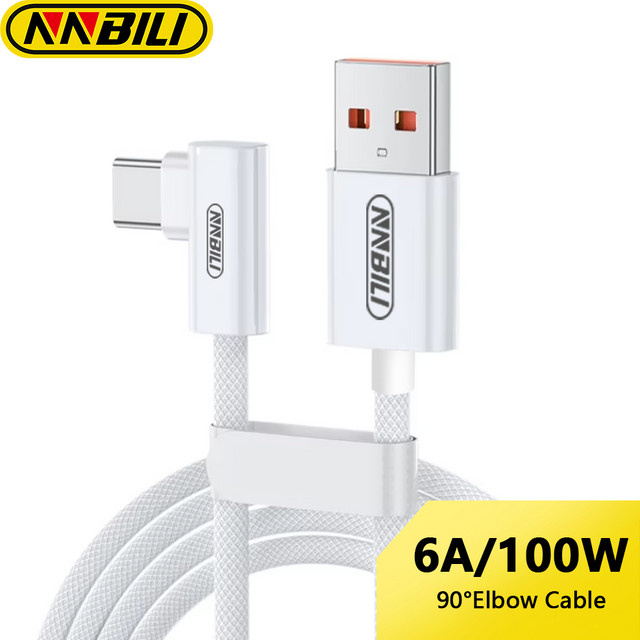 NNBILI USB-A auf USB-C Schnellladekabel 100W mit 90-Grad-Winkel, 6A Datenkabel in Weiß - Bild 1